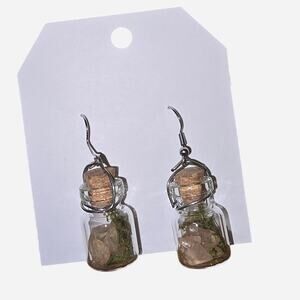 Glass bottle earrings with moss and quartz